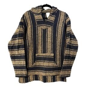 Veracruz Baja Hoodie XL Navy Blue‎ Tan Striped Woven Mexican Pullover Surf Shirt